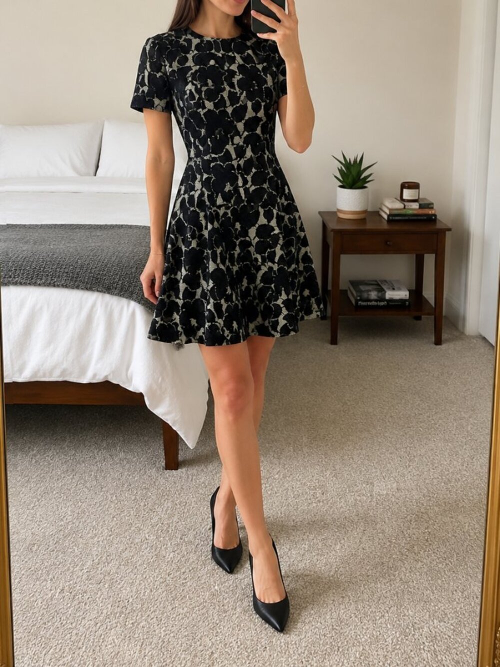 Ann Taylor Petite 00P Black & Ivory Floral Lace Fit & Flare Dress Feminine